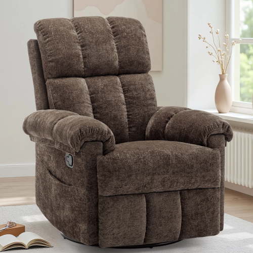 YSICK Swivel Rocker Recliner Chair for Adults with Side Pockets Small Recliners for Small Spaces for Living Room, Nursery, Chenille, Brown