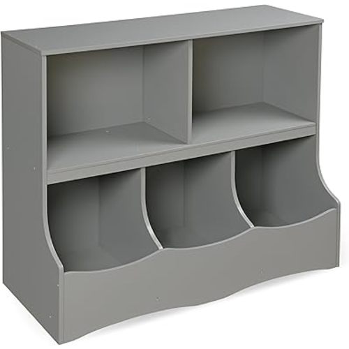 Badger Basket Multi-Bin Storage Cubby for Kids - Toy Organizer with 3 Cubbies, 2 Open Shelves, Display Top for Playroom or Bedroom - Storage Unit for Toys, Books & More - Gray