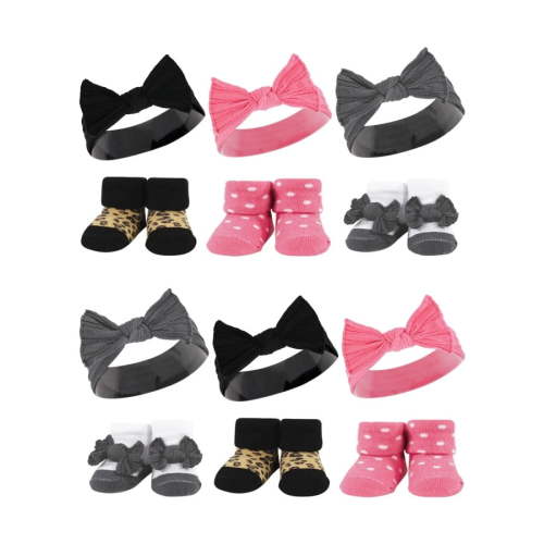 Hudson Baby Infant Girl 12Pc Headband and Socks Giftset, Black Wild Rose Leopard, One Size