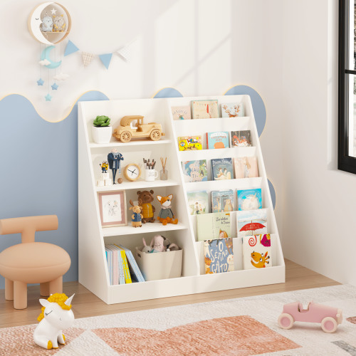 Kids Bookshelf and Toy Storage Organizer, Multifunctional 4 Tier Wooden Kids Book Shelf with Bookcase Display Stand in Kids Room Playroom Nursery for Kids, Children, Toddlers (White)