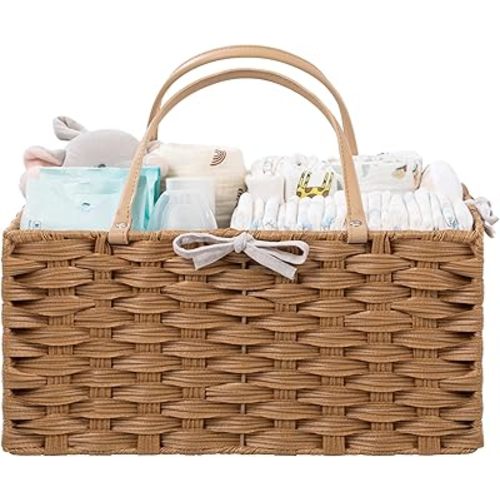 HBlife Large Diaper Caddy Organizer, Washable Waterproof, Portable Plastic Wicker Woven Basket with Divider, Nursery Diaper Station, Baby Shower Gifts Basket & Car Organizer
