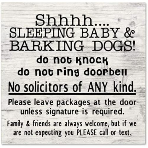 Shhh Sleeping Baby Barking Dogs No Soliciting Plaque Sign, Wood Wall Hanging Signs, Wall Decorations for Living Room, Modern Farmhouse Wall Decor, Rustic Home Decor 10" x 10",24oc23waA305