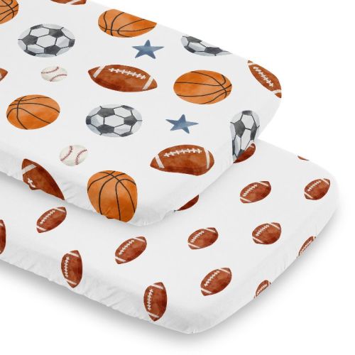 Sweet Jojo Designs Boy Baby Bassinet Fitted Sheets Set Watercolor Sports Theme Blue Brown and Orange 2pc
