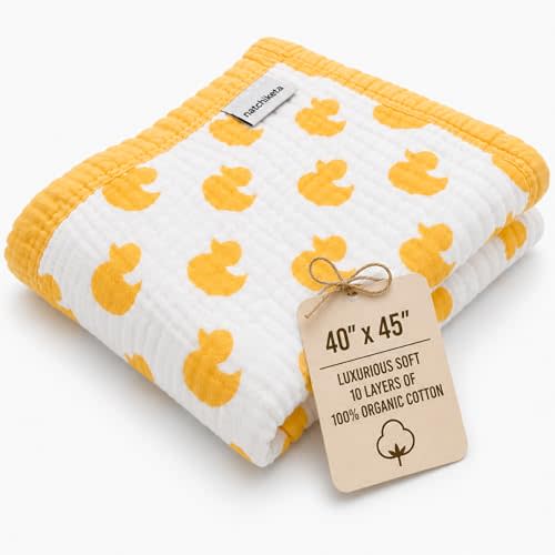 Organic Cotton Muslin Baby Blanket for Boys and Girls - Luxurious Soft Toddler Quilt for Swaddling - Gender Neutral Blanket - Baby and Toddler Gift - Rubber Duck