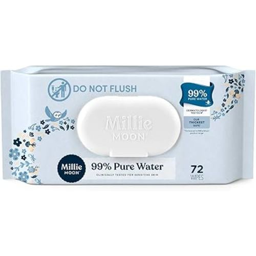 Millie Moon Baby Wipes 99% Pure Water, Sensitive Skin Wet Wipes, Hypoallergenic Fragrance Free Disposable Wipes, Thick Plant-Based Cloth with Pop Lid Dispenser, 216 Count (3 x 72 Packs)