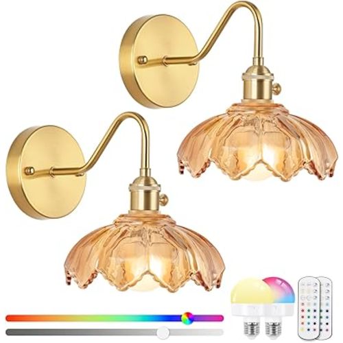 Vintage Glass Sconces, Battery Operated Wall Light with Remote, Rechargeable Wall Sconces RGB, No Socket Required, Easy to Install, Vintage Wall Sconce for Bedroom, Hallway, Aisle