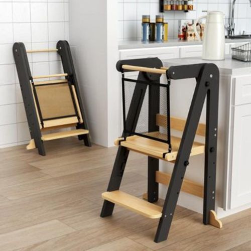 HOMLUX Foldable Toddler Kitchen Step Stool, 3 Adjustable Height Kitchen Stool with Safety Net for Kids Ages 1–6, Black