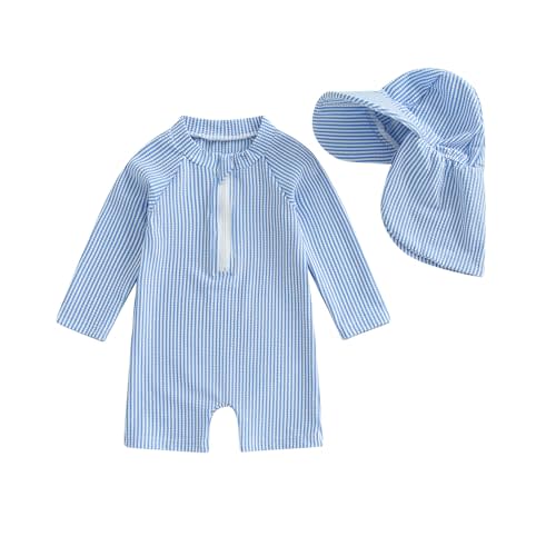 Gueuusu Baby Boys Girls Swimsuit One Piece Striped Zipper Bathing Suit Rash Guard Long Sleeve Seersucker Swimwear Sunsuit