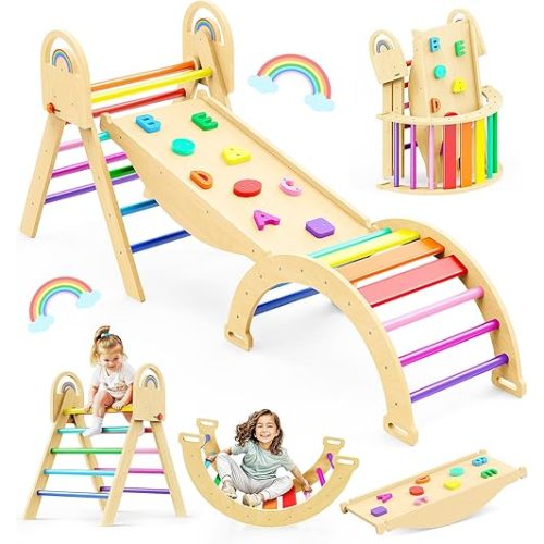 Pikler Triangle Set, 9-in-1 Montessori Climbing Toy for Toddlers, Foldable Wooden Indoor Jungle Gym & Playground Climber for Learning and Motor Skills (18 Months–7 Years)