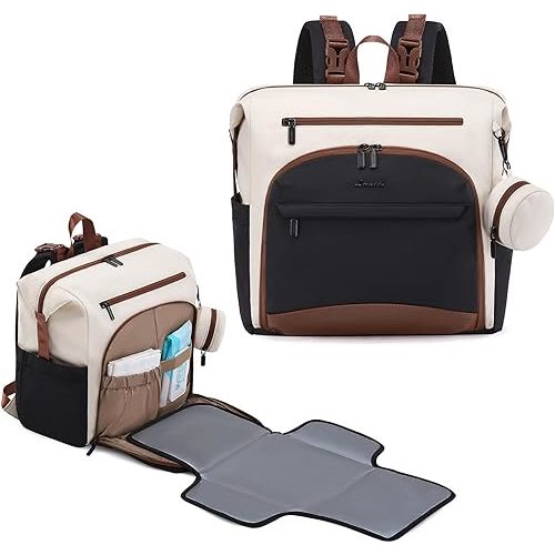 LOVEVOOK Diaper Bag Backpack, Baby Bag with Changing pad, Waterproof Diaper Backpack for Mom Dad, cute Mommy Bag for Boy and Girl, Travel Essential Baby Registry Shower, Black-White-Brown
