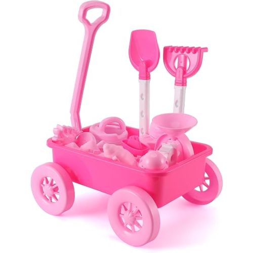 Liberty Imports 14 PCS Pink Princess Beach Wagon Plastic Toy Playset for Kids with Castle Molds, Sand Wheel, Water Pail, Play Tools and Featured Molds