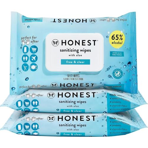 The Honest Company Fragrance Free Sanitizing Alcohol Wipes | Antibacterial + Safe for Hands | Kills 99% of Germs, Made With Aloe | 150 Count (3 Packs of 50)