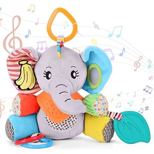 Baby Toys 0-12 Months Elephant with Detachable Touch-Sensitive Sound Box, 30 Sounds, Removable Bib, Teether, Rattle, BB Squeaker, Mirror for Strollers, Car Seats, Carriers