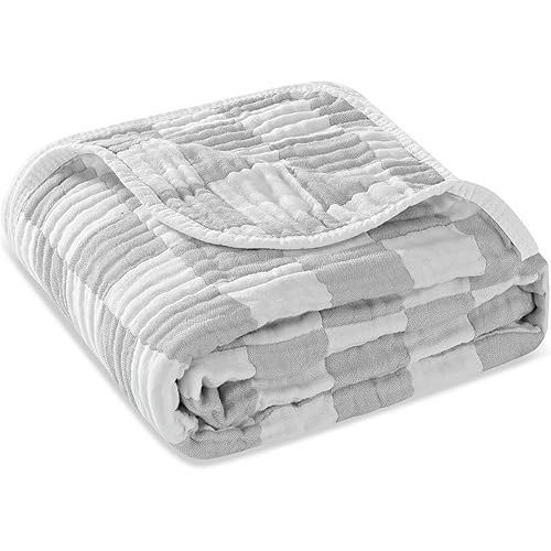 6-Layer Muslin Baby Blanket Made with Organic Cotton - Classic Neutral Checkered, Swaddle & Crib Quilt, 43”x43”,Grey Checkered