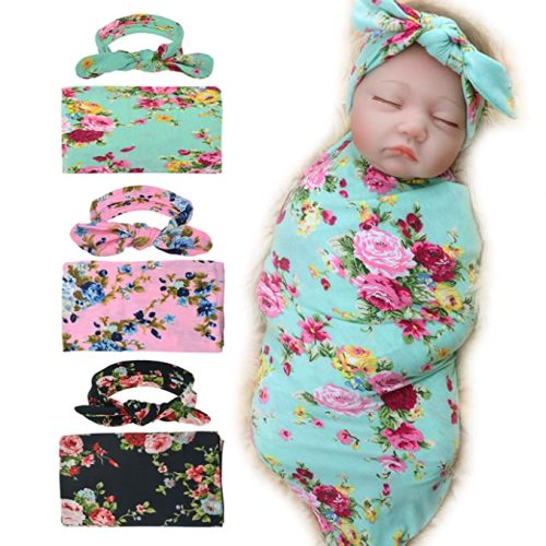 DRESHOW BQUBO 3 Sets Receiving Blanket with Headbands Newborn Baby Floral Printed Baby Shower Swaddle Gift