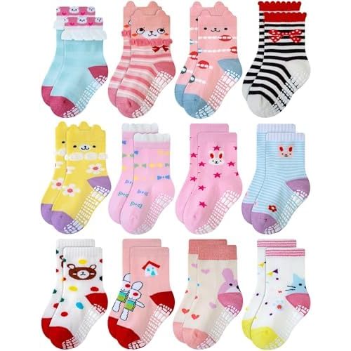 RATIVE Non Skid Anti Slip Cotton Dress Crew Socks With Grips For Baby Infant Toddler Kids Girls