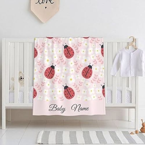 Personalized Ladybug Baby Blanket - Custom Cute Ladybug Throw Blanket for Girls, Soft Plush for Toddler, Newborn, Nursery, Stroller, Crib, Shower Gift - 30x40 Inches