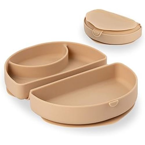 Miniware Baby Travel Plate with Suction - Foldable Silicone Baby Travel Essential to Promote Self-Feeding - Dishwasher Safe, BPA Free, Silicone Baby Plate for On The Go - Almond Butter Silifold