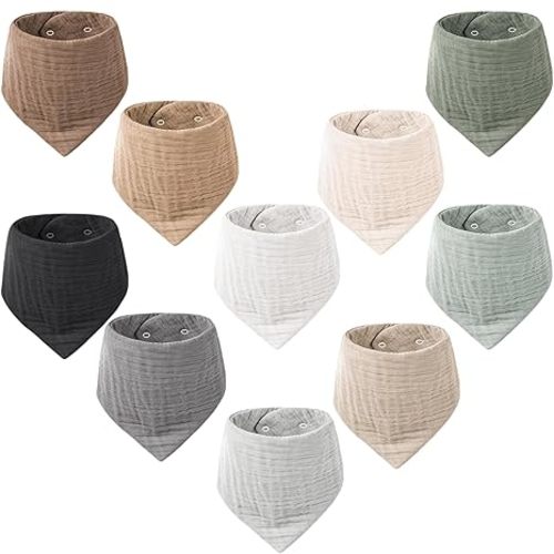 Konssy Muslin Baby Bibs 10 Pack Baby Bandana Drool Bibs 100% Cotton for Unisex Boys and Girls, Soft Absorbent Set for Teething and Drooling