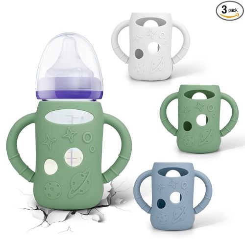 BUSOHA 3 Pack Silicone Sleeves for Lansinoh Glass Bottles - Wide Neck Baby Bottles Sleeves for Lansinoh Bottles Baby Anti-Colic Bottle Holder with Handle Anti Breakage Silicone Protector,5 oz