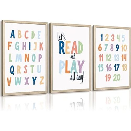 Kids Playroom Wall Art Decor Alphabet Poster Play Room Canvas Wall Decor ABC Nursery Wall Art 123 Toddler Poster Let's Read for Boy Girl Room 16x24 Inch Wood Framed Set of 3