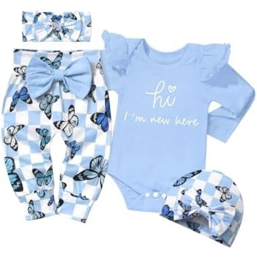 WIQI Baby Girl Clothes, Newborn Girl Letter Print Romper Tops +Cute Pants +Hat +Headband 4PCS Spring Summer Outfits Set