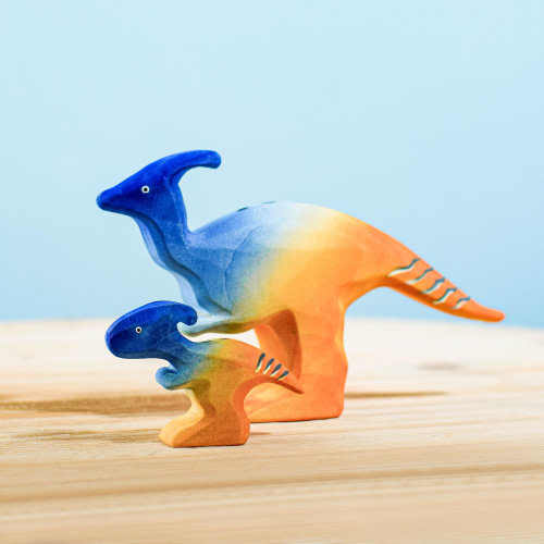 Waldorf Parasaurolophus Toy Set | Montessori Wooden Dinosaur Figure | Handmade with Organic Wood