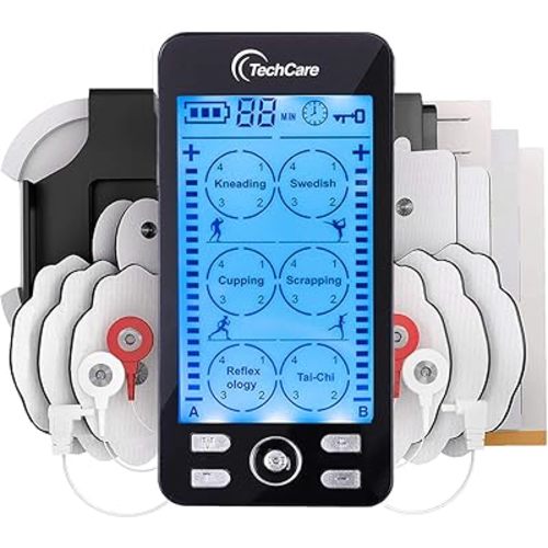 TechCare TENS EMS Muscle Stimulator – Dual Channel Rechargeable Unit with 24 Modes & 20 Intensity Levels for Pain Relief, Back & Sciatica Therapy, Muscle Recovery & Massage