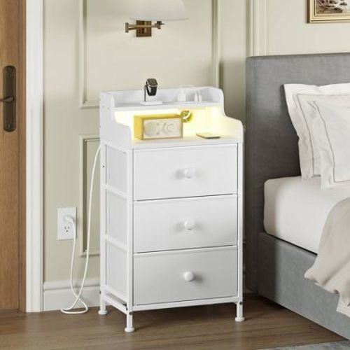 WOWLIVE 3-Drawer Nightstand with Charging Station & LED Lights, Storage End Table, Bedside Table for Bedroom Living Room, white