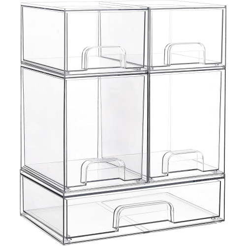 YIJ2Stackable Storage Drawers Set of 5, Clear Plastic Organizer Bins for Beauty Supplies,Ideal for Vanity, Bathroom,Cabinet,Pantry Organization