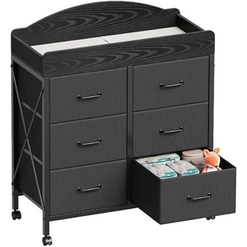 Yetom Baby Changing Table Dresser with Wheels, 6-Fabric Drawer Baby Dresser with Changing Table Top, Waterproof Diaper Changing Station & Pad, Mobile Storage Unit, Compact Baby Furniture, Black