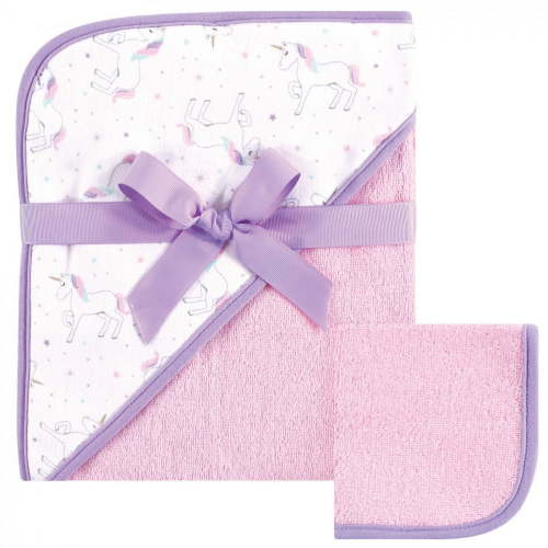 Hudson Baby Infant Girl Cotton Hooded Towel and Washcloth 2pc Set, Magical Unicorn, One Size