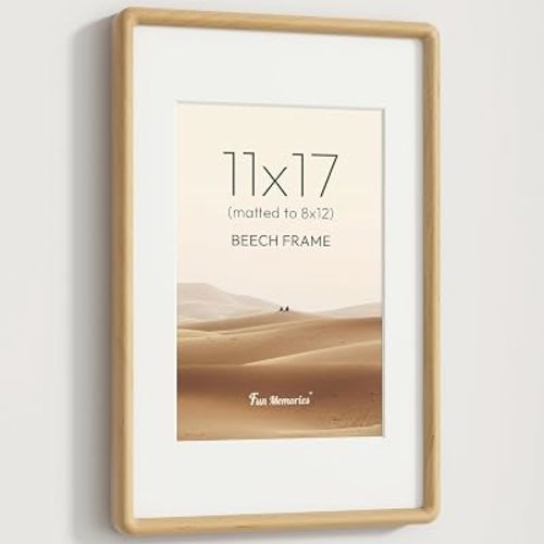 11x17 Picture Frame, Solid Beech Wood 11x17 Frame with HD Tempered Glass, USA-Sourced Hard Wood 11 by 17 Photo Frame for Wall Display, 11"x17" Picture Frame Matted to 8x12, Natural Beech Color