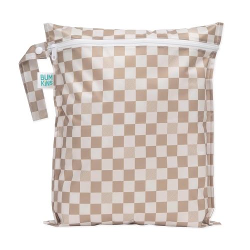 Bumkins Waterproof Wet Bag for Baby, Travel, Swim Suit, Cloth Diapers, Pump Parts, Pool, Beach, Gym Clothes, Toiletry, Hook to Stroller, Daycare, Zipper Reusable Wetdry Packing Pouch, Beige Check