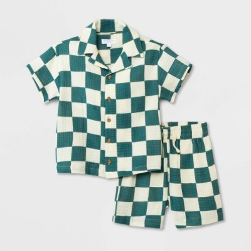 Grayson Mini Toddler Boys' Short Sleeve Checkered Button-Down Shorts Set - Green, Size: 12M