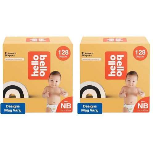 Hello Bello Premium Diapers, Size Newborn (Up to 10 lbs) Surprise Pack for Boys - 128 Count, Hypoallergenic with Soft, Cloth-Like Feel - Assorted Boy & Gender Neutral Patterns (Pack of 2)