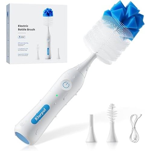 Electric Bottle Brush Cleaner, IPX7 Waterproof Baby Bottle Cleaner Kit with Replaceable Nipple Brush & Extender Rod, 2 Speed Modes, 360° Auto Cleaning, 2000mAh Battery, Rechargeable, Blue