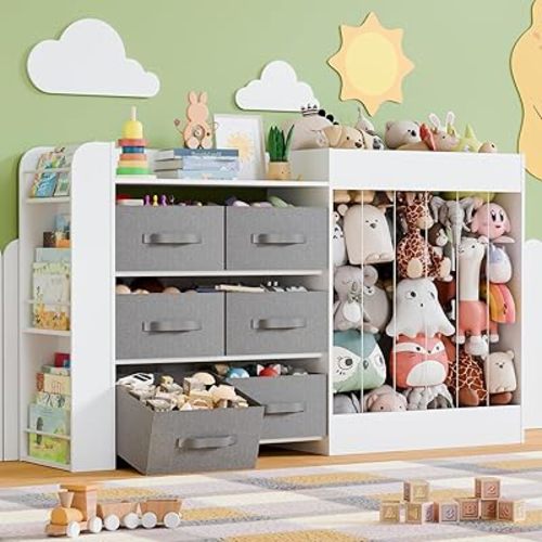 61"W Toy Storage Organizer with 6 Storage Bins, 3-Tier Kids Bookcase & 211L Stuffed Animal Holder, 3-in-1 Plush Toy Organizer, Extra Large Toy & Book Shelf for Playroom, Kids Room, Bedroom, White