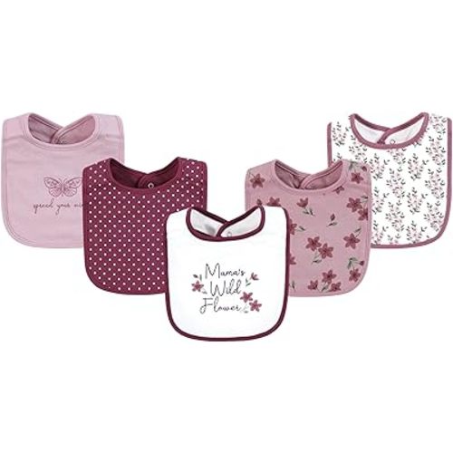 Hudson Baby Infant Girl Cotton Bibs, Plum Wildflower, One Size