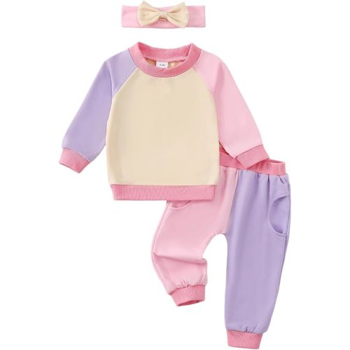 AMAWMW Infant Baby Girl Clothes 0 3 6 Months Long Sleeve Loose Sweatshirts Pants Headband Fall Winter Spring Outfits Pink
