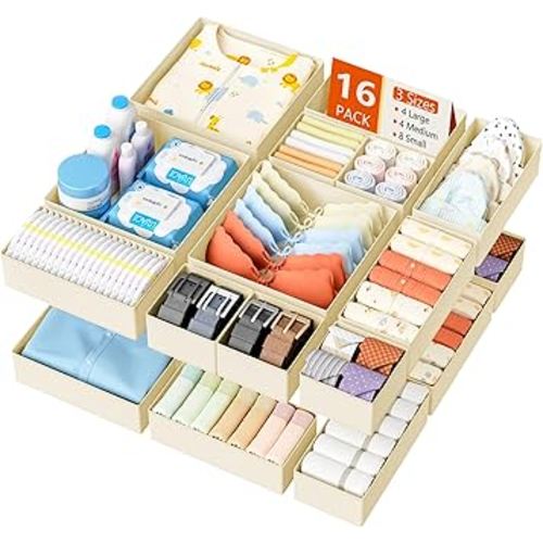DIMJ Drawer Organizer Clothes - 16 Pack Baby Dresser Organizer for Nursery, Foldable Drawer Organizer Bins for Closet Bedroom Organization, Fabric Clothes Storage Dividers for Underwears, Socks, Bras