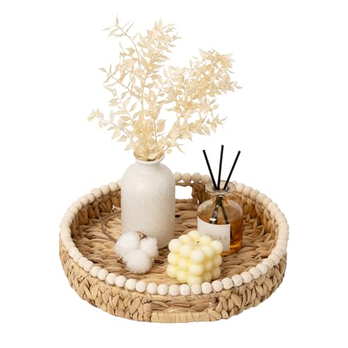StorageWorks Round Decorative Trays for Home Decor, Woven Wicker Tray Decor | Farmhouse Coffee Table Tray with Wooden Beads and Handles, Dining Room Decor Tray for Kitchen Counter, Living Room, Bedroom