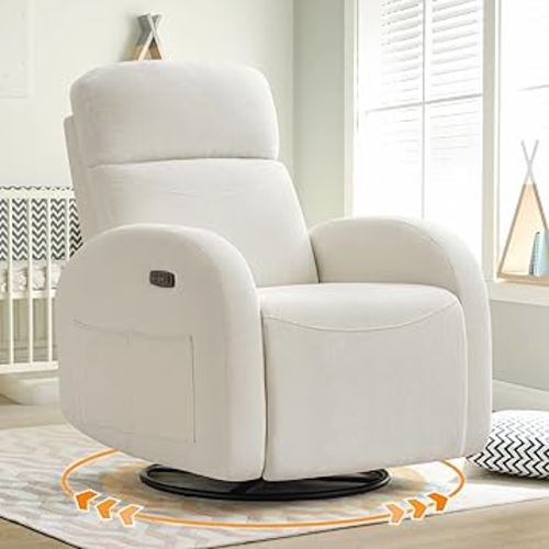 Power Nursery Glider Recliner, Chenille Electric Rocker Recliner with Type-C & USB Port, Nursery Swivel Rocker Recliners with Double Pockets for Adult, Cream White