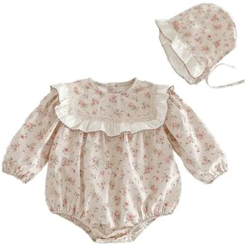 Baby Girl Vintage Floral Romper Ruffle Lace Collar Long Sleeve Bodysuit with Bonnet Cute Baby Spring Fall Outfits