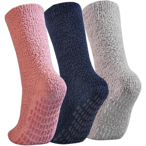 JORMATT 3 Pairs Ultra Thick Grip Fuzzy Socks Non Skid Slipper Hospital Socks Unisex