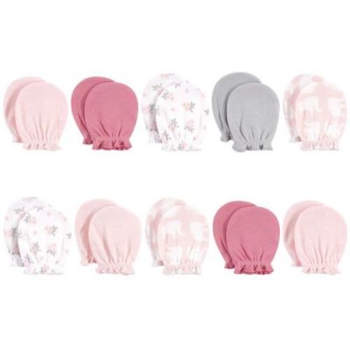 Hudson Baby Infant Girls Cotton Scratch Mittens 10pk, Pink Elephant, One Size