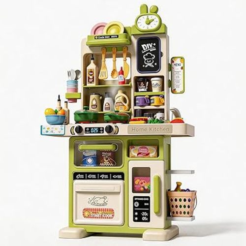 33.8IN - 70PCS Kids Kitchen Playset with Sound & Light - Cooking Stove with Steam, Play Sink and Toy Kitchen Accessories - Pretend Kitchen Play Food Toys for Kids Boys Girls - Toddler Play Kitchen Set