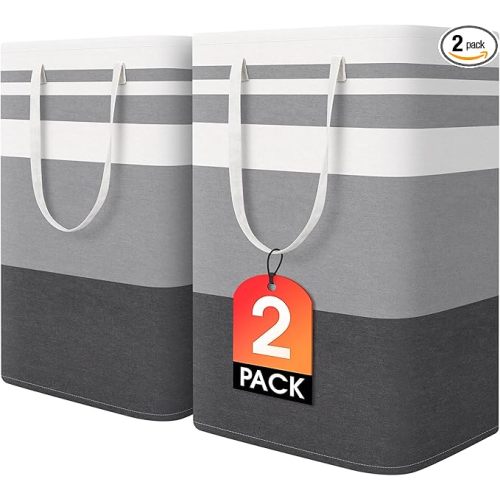 HomeHacks 2 Pack Large Laundry Baskets, Waterproof, Freestanding Laundry Hampers, Collapsible Clothes Hamper with Reinforced Handles in Laundry Room, College Dorm, Bathroom, Bedroom (Grey, 75Lx2)