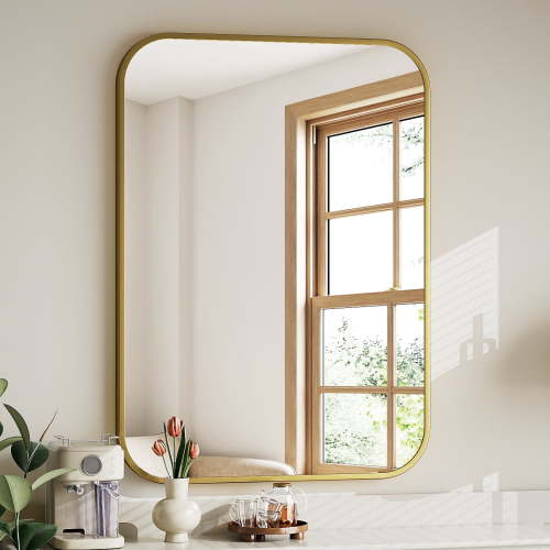 YVANLA 28"x20" Rectangular Bathroom Mirror Round-edged Wall Mounted Mirror with Aluminum Alloy Frame, Gold