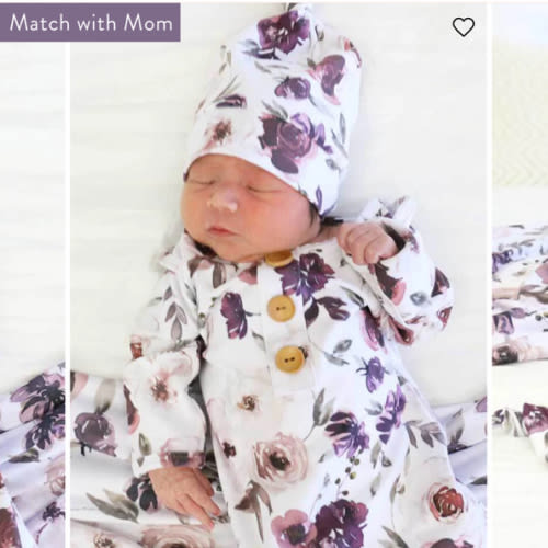 Demis Dusty Purple Floral Newborn Baby Knot Gown & Hat Set